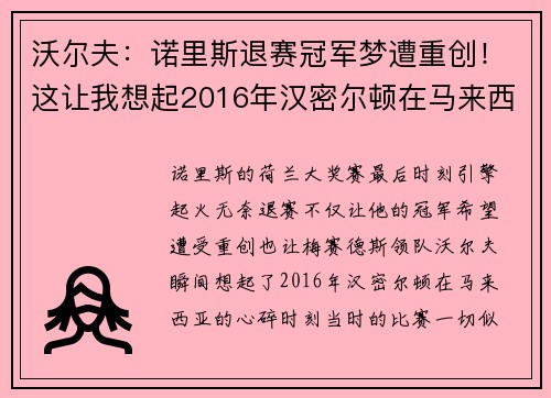 沃尔夫：诺里斯退赛冠军梦遭重创！这让我想起2016年汉密尔顿在马来西亚的噩梦